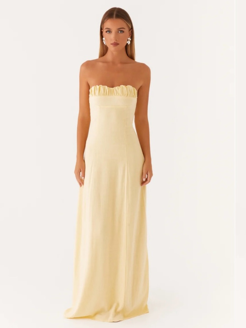 Peppermayo Tayla Linen Strapless Ruffle Bandeau Maxi Dress in Pale Yellow - Picture 1 of 4